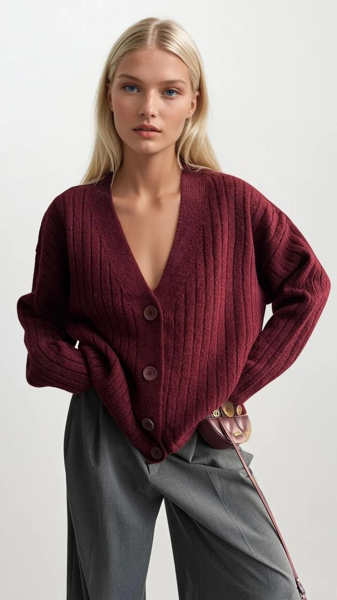 Black Fashion Claret Red Cardigan With Striped Pattern And V Neck Wholesale Clothing Casual
