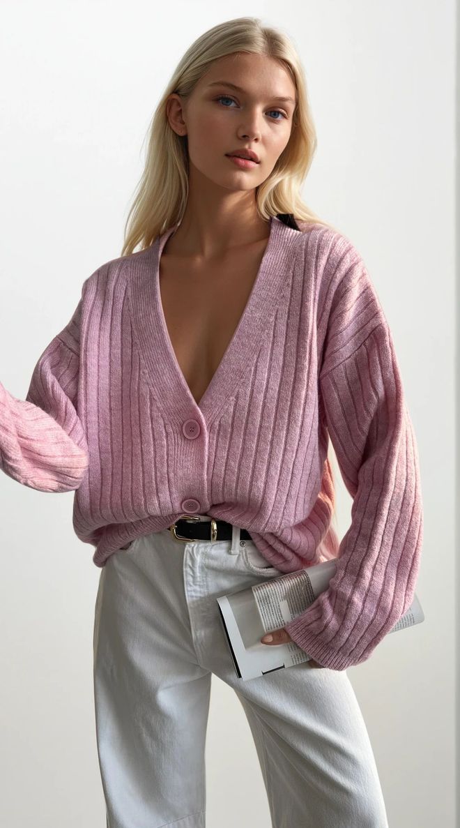 ESPADA Pink Striped Oversized Fit Cardigan With V Neck Wholesale Clothing 1