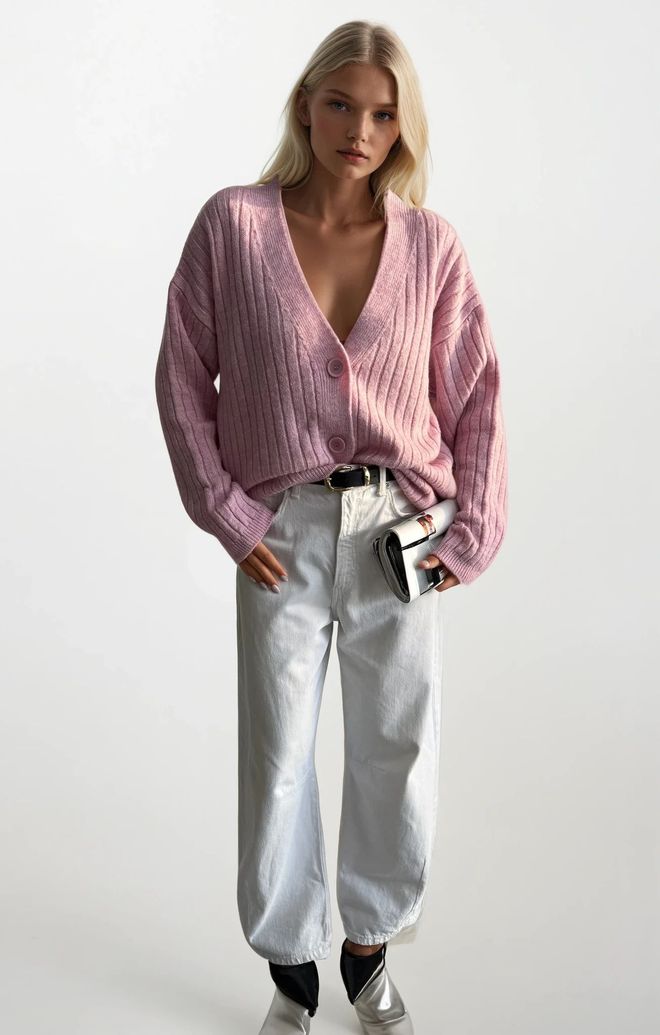 ESPADA Pink Striped Oversized Fit Cardigan With V Neck Wholesale Clothing Lounge