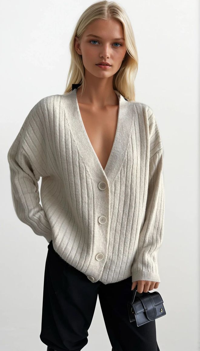 Black Fashion Beige Striped Oversized Fit Cardigan With V Neck Wholesale Clothing 1