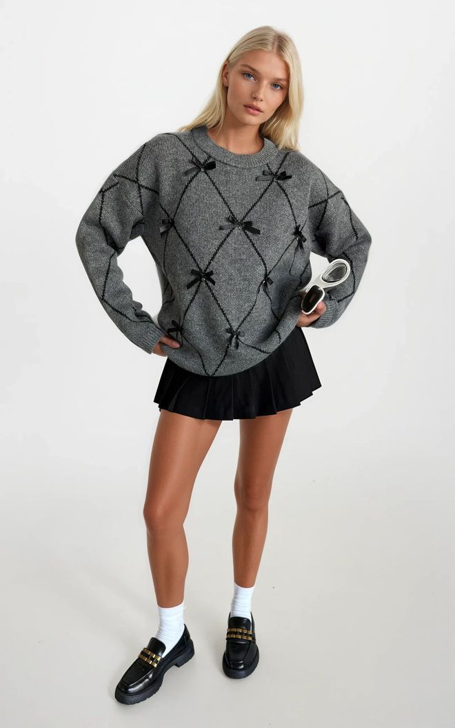 Black Fashion Grey Checkered Oversized Fit Sweater Wholesale Clothing Casual