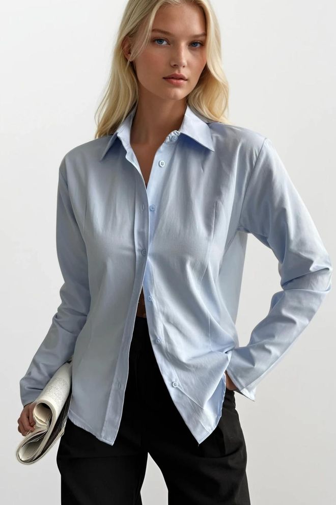 Black Fashion Blue Shirt With Notched Neck And Buttoned Closure Wholesale Clothing 1