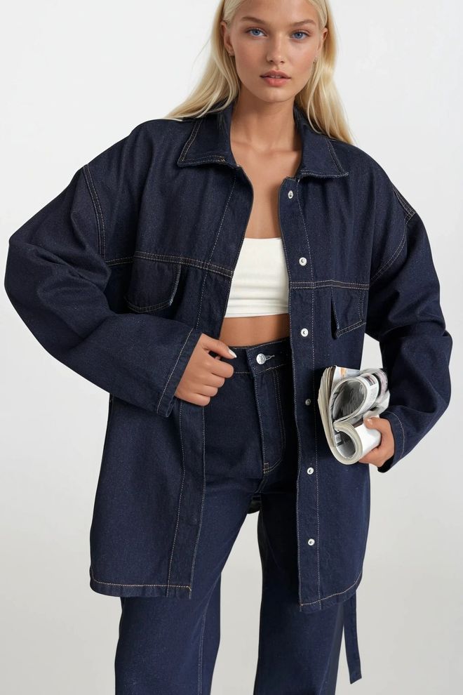 Black Fashion Blue Casual Oversized Shacket Jacket Wholesale Clothing Casual