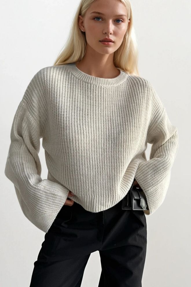 Black Fashion Ecru Sweater Oversized Fit Long Sleeve Round Neck Wholesale Clothing Casual