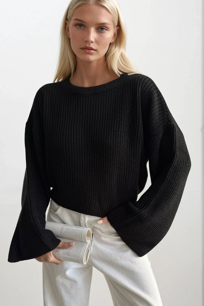 Black Fashion Black Sweater Oversized Bell Sleeve Wholesale Clothing Casual