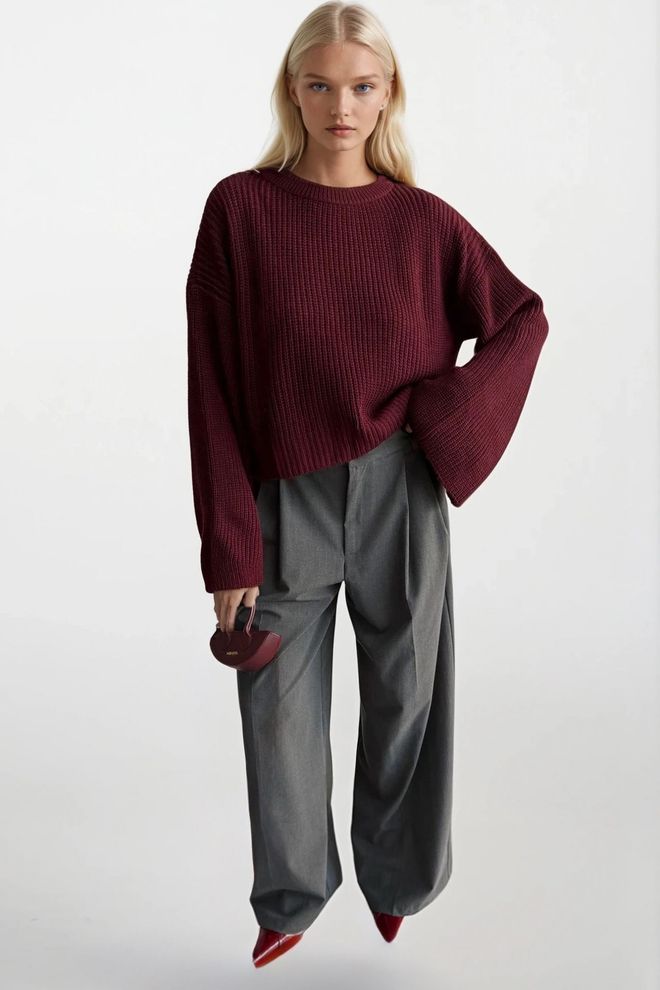 Black Fashion Claret Red Sweater With Oversized Fit And Round Neck Wholesale Clothing Casual