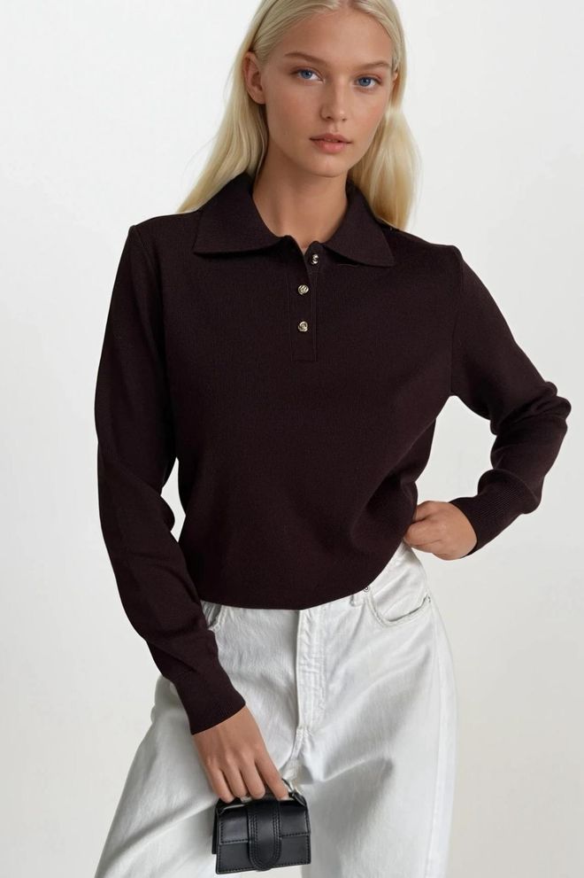 Black Fashion Black Blouse With Polo Neck And Long Sleeves Wholesale Clothing Casual