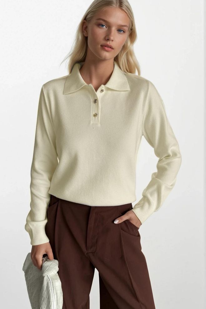 Black Fashion Beige Blouse With Polo Neck And Long Sleeves Wholesale Clothing Casual