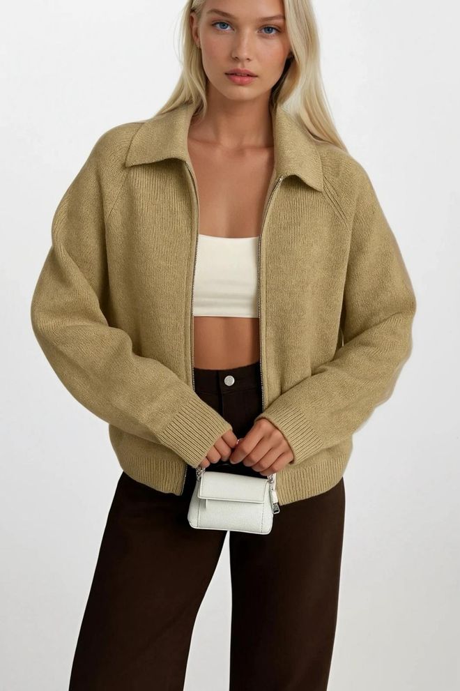 Black Fashion Khaki Sweater With Shawl Collar And Raglan Sleeves Wholesale Clothing Casual
