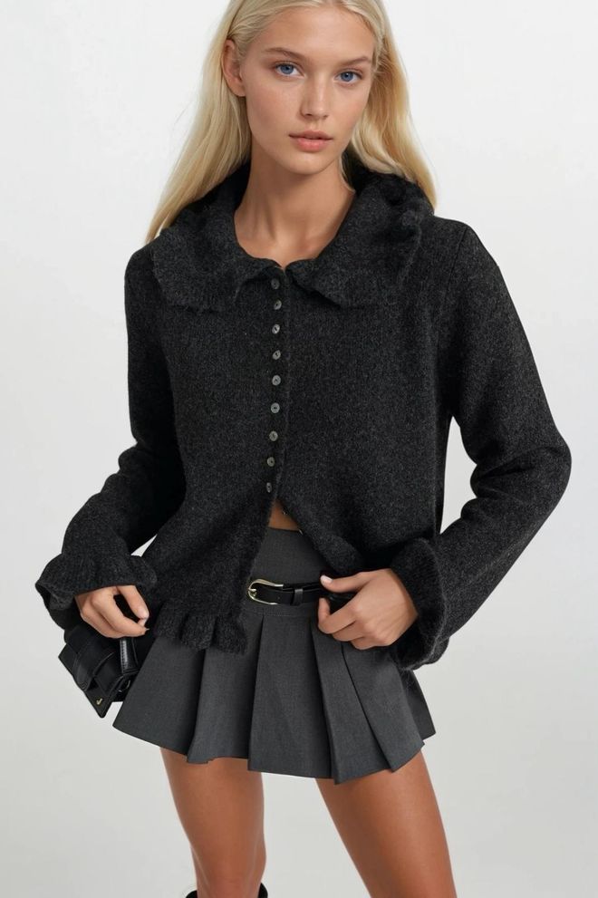 Black Fashion Skirt & Collar Ruffled Knitwear Cardigan Black Wholesale Clothing 0