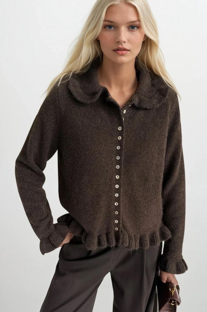 Black Fashion Sweater Cardigan With Skirt And Collar Ruffles Brown Wholesale Clothing 0