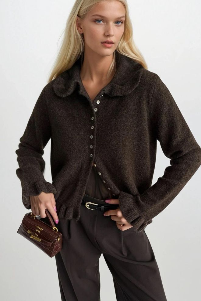 Black Fashion Brown Buttoned Cardigan With Ruffle Sleeves Wholesale Clothing 1