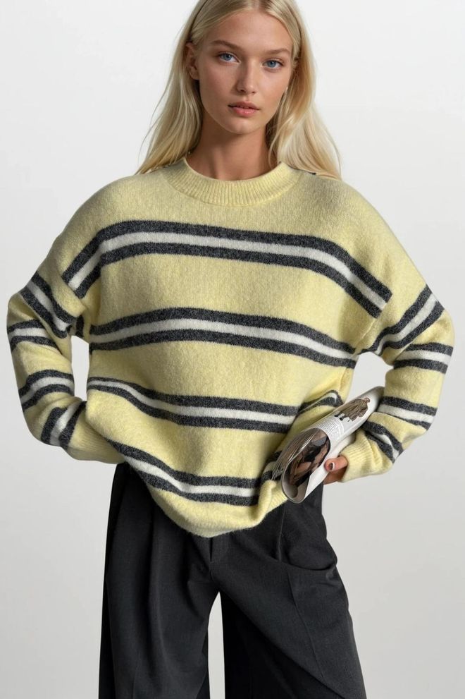 Black Fashion Yellow Striped Oversized Fit Sweater Wholesale Clothing Casual
