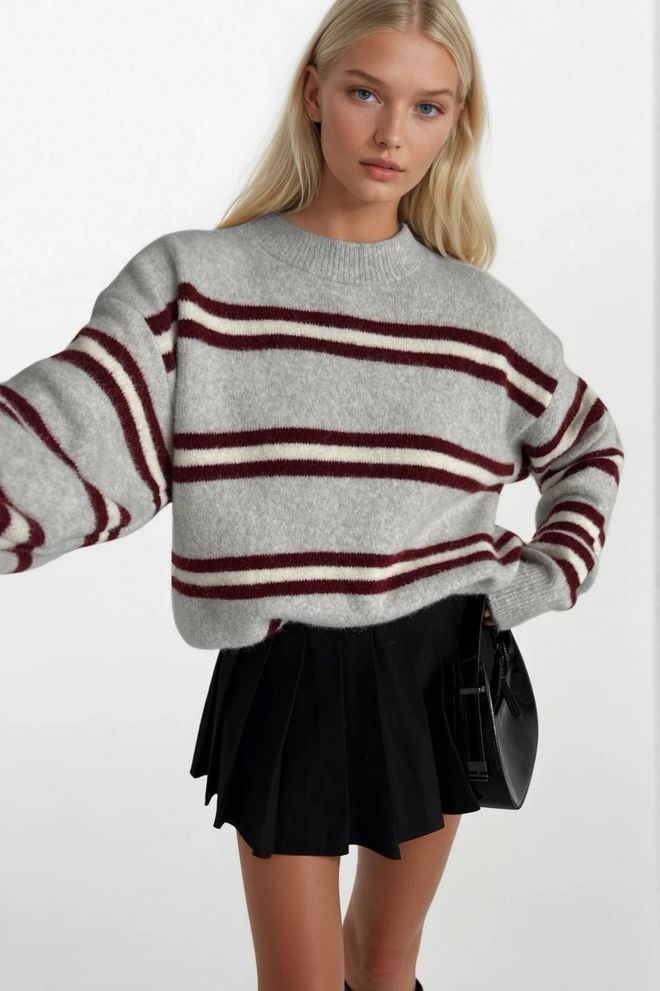 Black Fashion Grey Striped Oversized Fit Sweater Wholesale Clothing Casual