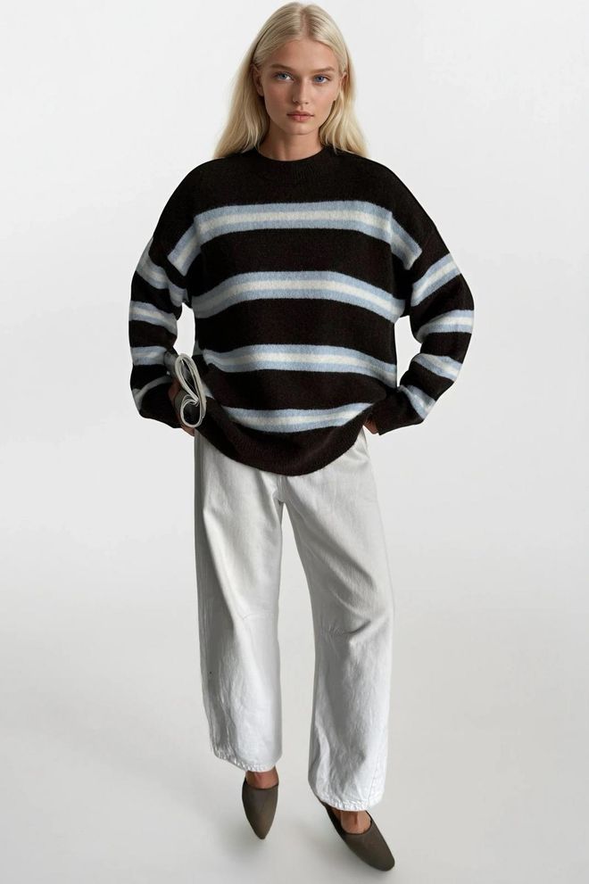 Black Fashion Striped Crew Neck Oversize Sweater Sweater Brown Wholesale Clothing 0