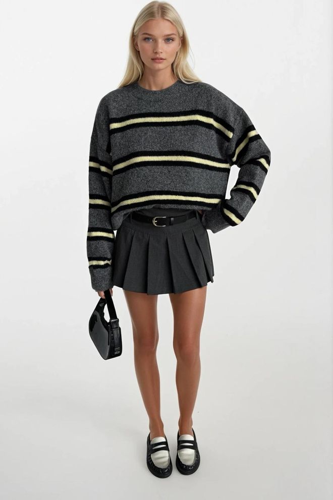 Black Fashion Grey Striped Oversized Fit Sweater Wholesale Clothing Casual