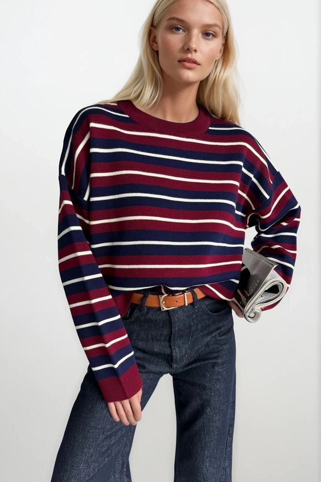 Black Fashion Blusa Rojo Clarete Oversize A Rayas Manga Larga Ropa al por mayor Casual
