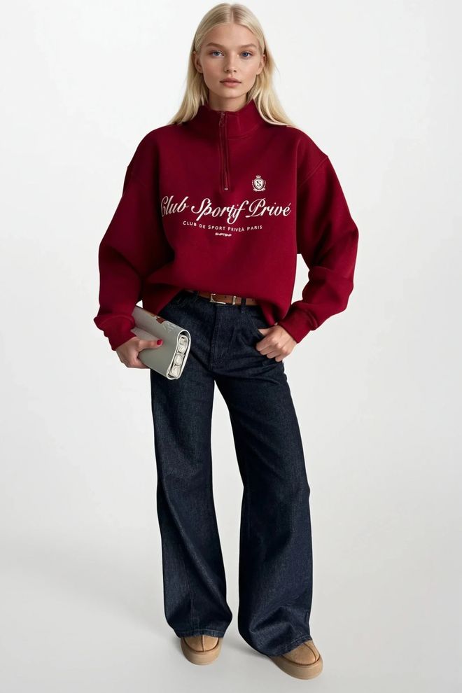 Black Fashion Claret Red Sweatshirt With Oversized Fit And High Neck Wholesale Clothing Casual