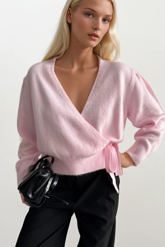 Black Fashion Cardigan Rosa Con Chiusura A Fiocco E Scollo A V Abbigliamento all'ingrosso Casuale