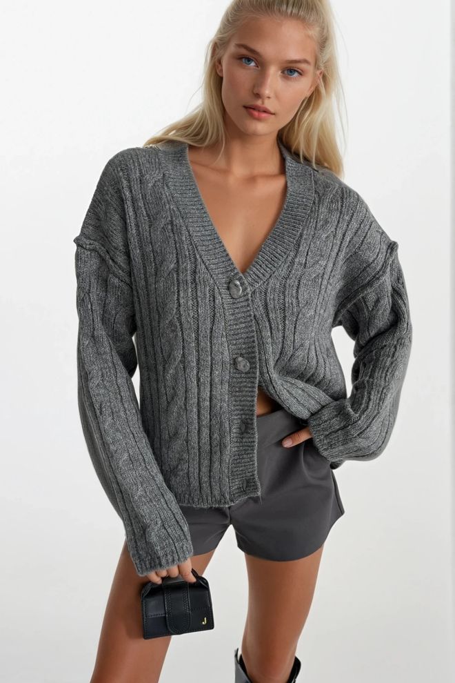 Black Fashion Cardigan Grigio Oversize Con Bottoni E Scollo A V Abbigliamento all'ingrosso Casuale