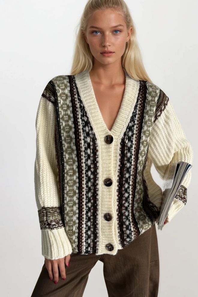 Black Fashion Cardigan Beige Oversize Con Bottoni Scollo A V E Maniche Lunghe Abbigliamento all'ingrosso Casuale