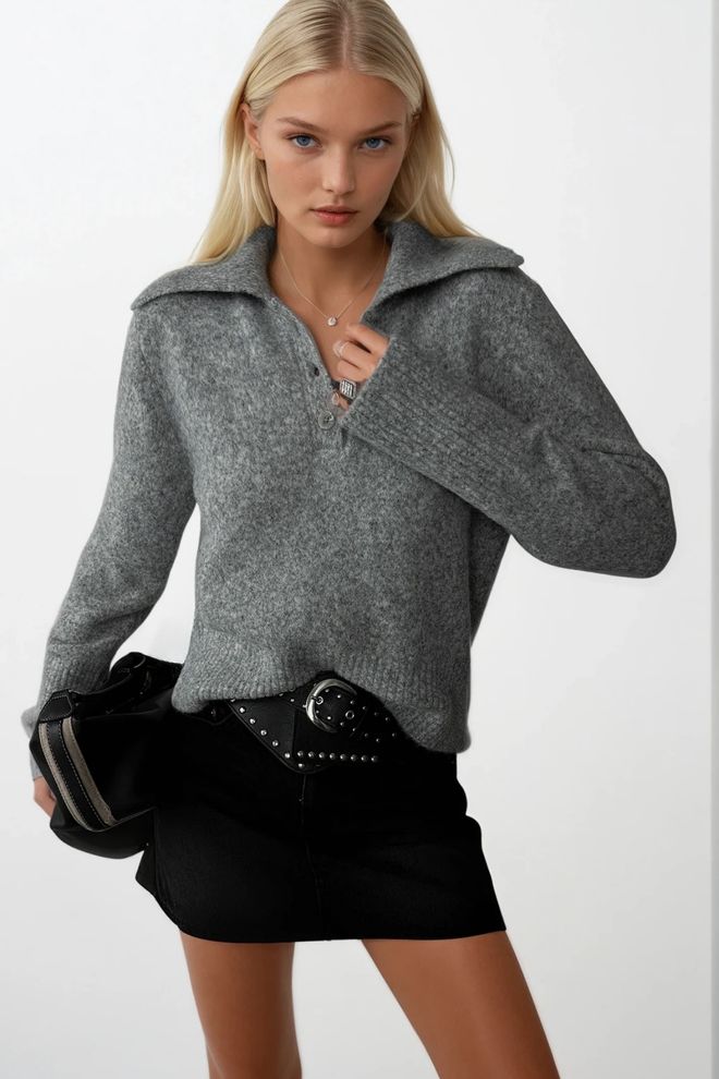 Black Fashion Grey Casual Elegant Sweater With Polo Neck Wholesale Clothing Casual