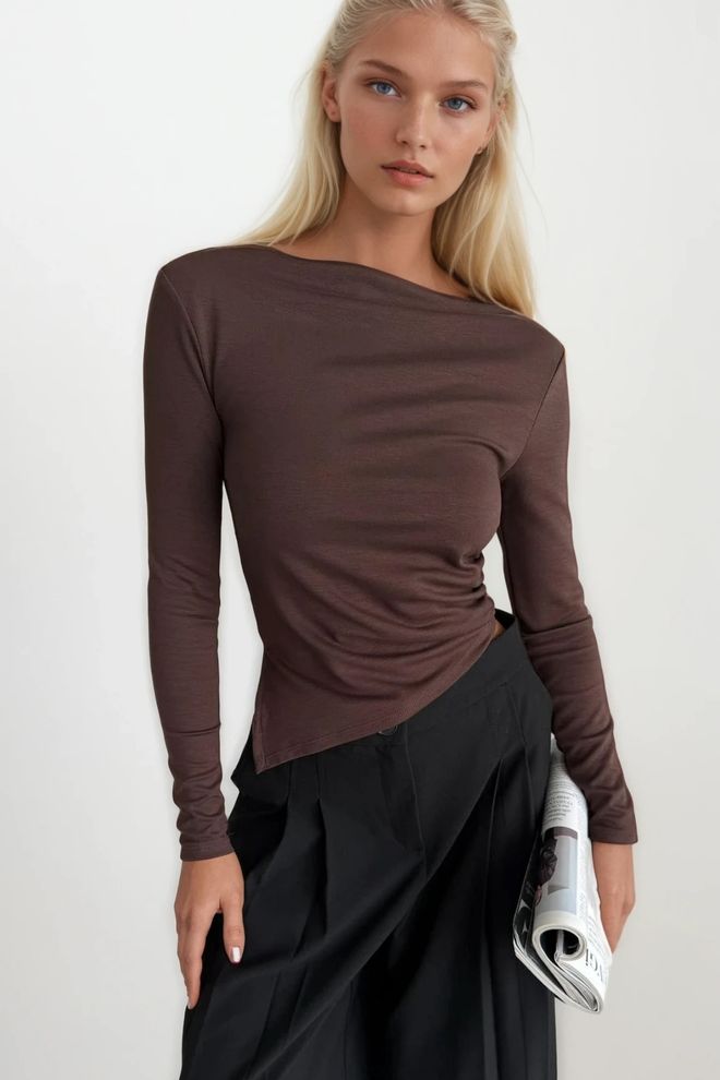 Black Fashion Καφέ Casual Κομψό Μπλούζα Με Φαρδιά Λαιμόκοψη Χονδρικό εμπόριο ενδυμάτων Casual