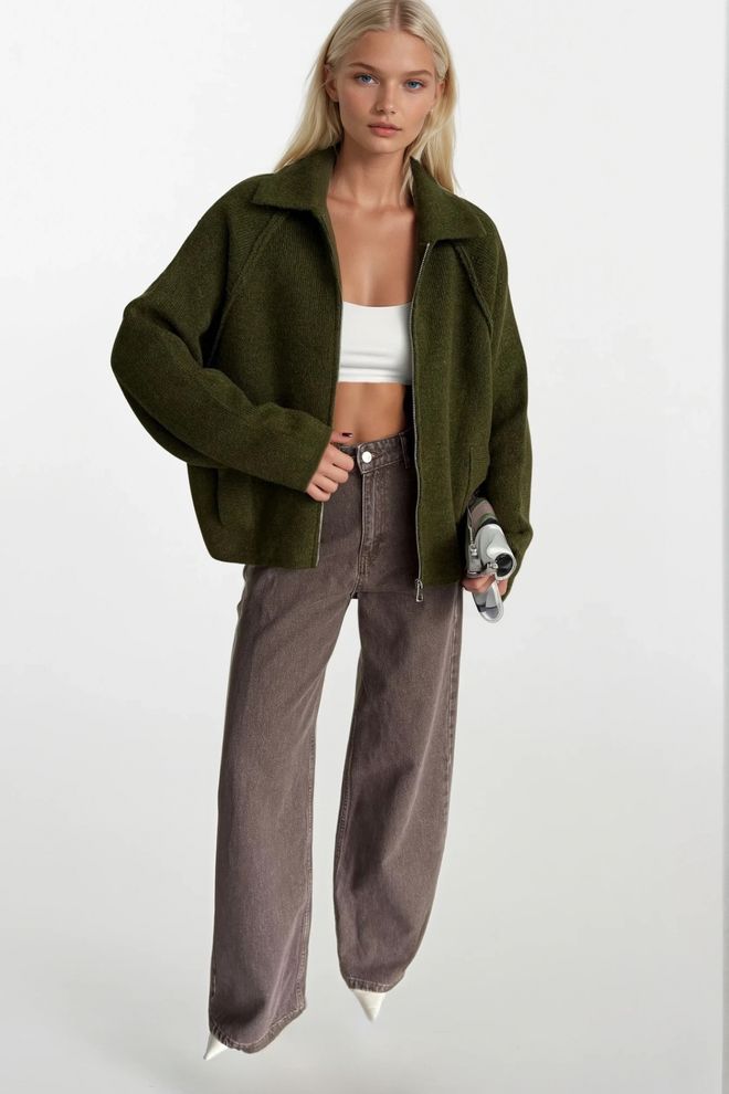 Black Fashion Green Sweater With Shawl Collar And Oversized Fit Wholesale Clothing Modest