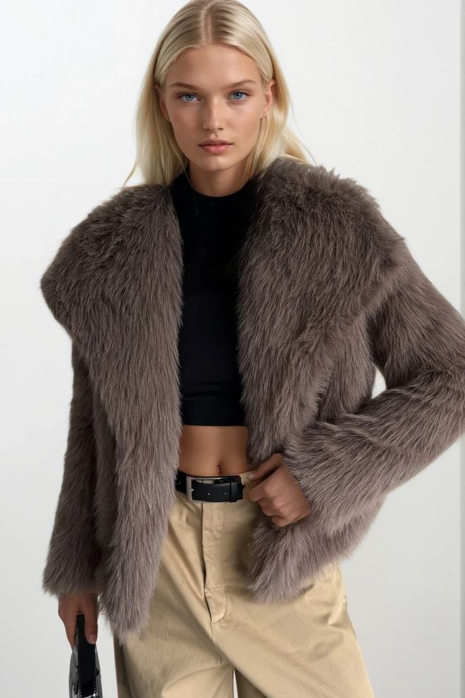 Black Fashion Brown Elegant Fur Coat With Notched Collar Wholesale Clothing Casual