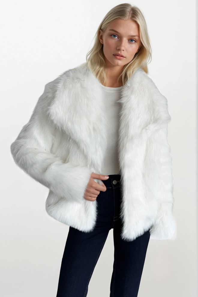Black Fashion White Glam Fur Coat With Notched Collar Wholesale Clothing Casual