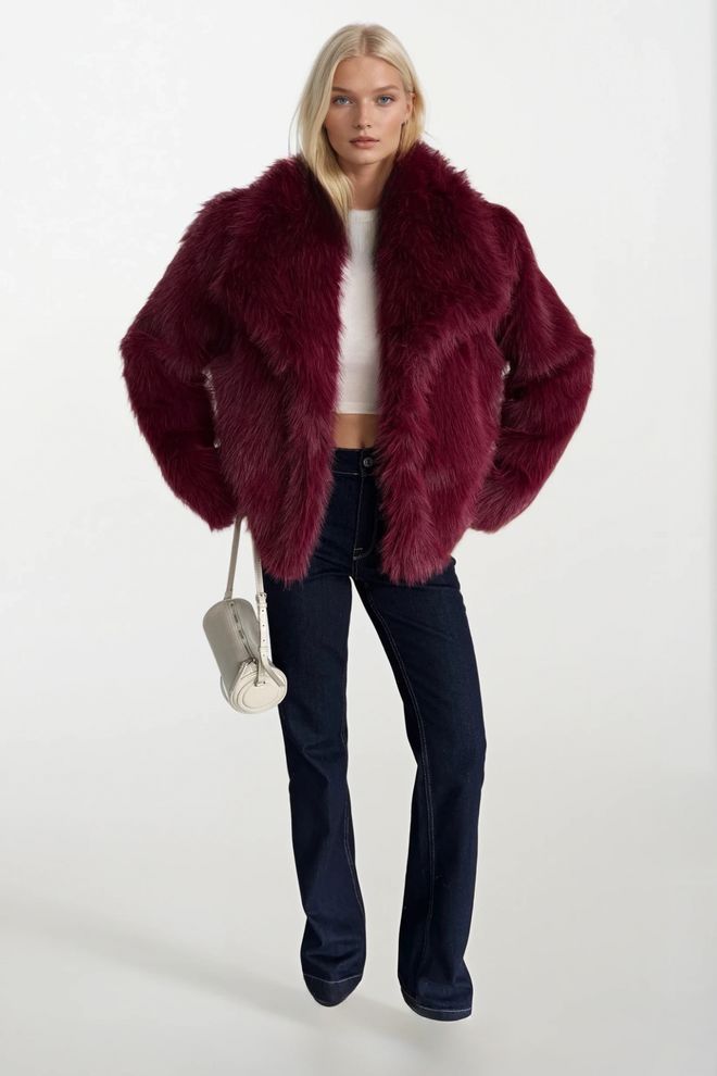 Black Fashion Claret Red Fur Coat With Notched Collar Wholesale Clothing Vintage