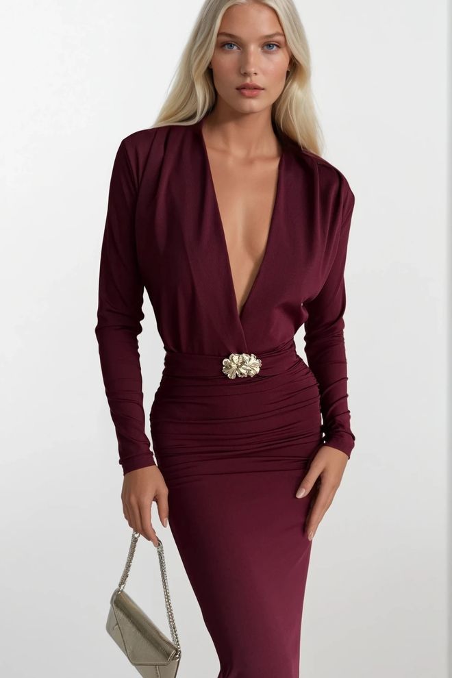 Black Fashion Claret Red Bodycon Dress With Plunging Neck Wholesale Clothing Sexy