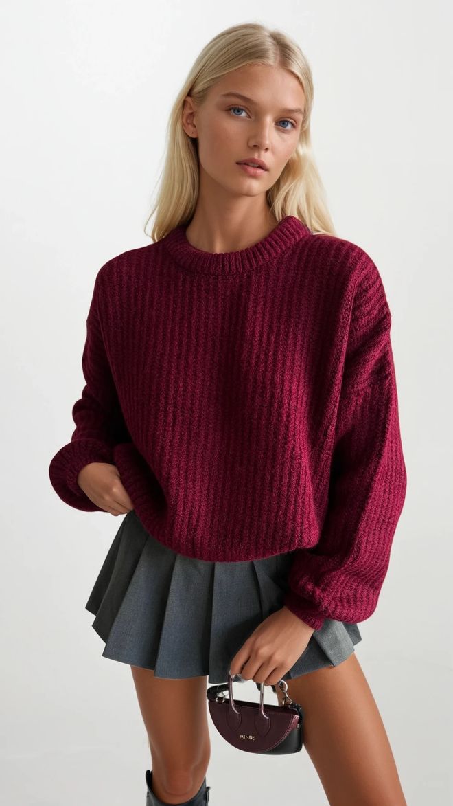 Black Fashion Pleteni Pulover Z Osnovnim Pletenim Detajlom Bordo Oblačila na debelo 0