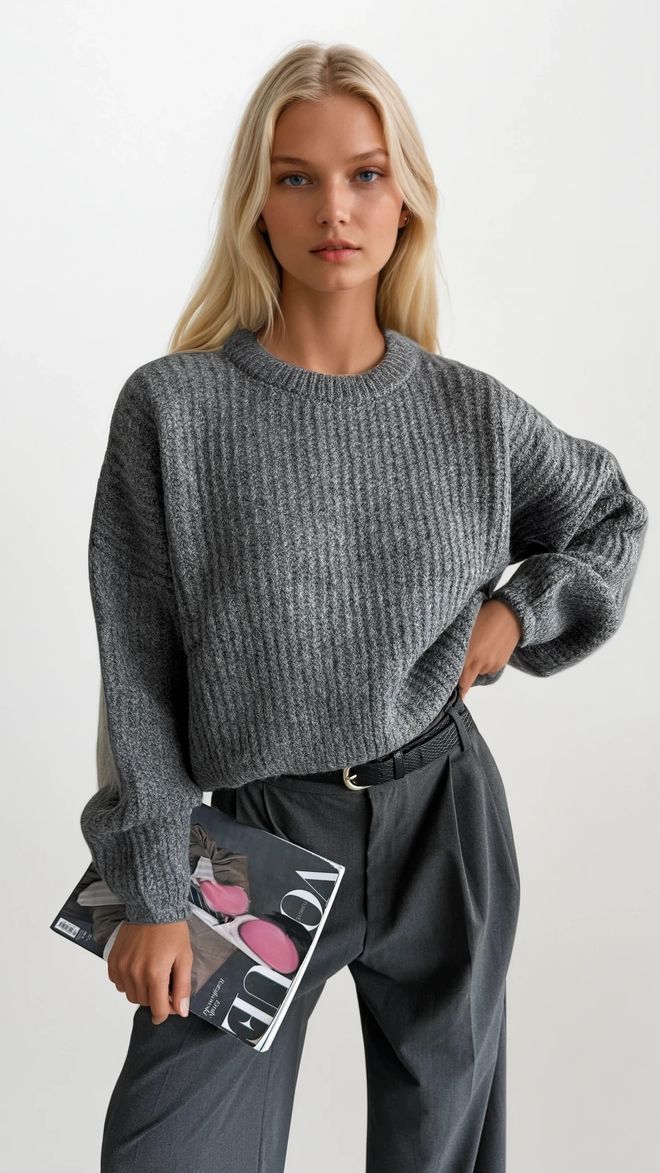 Black Fashion Camisola Cinzento Com Mangas De Balão Casual Elegante Preppy Roupas por atacado 1