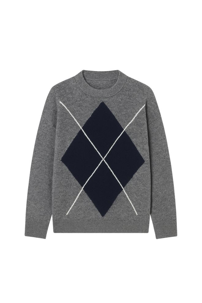 Black Fashion Sivi Oversized Džemper S Argyle Uzorkom I Okruglim Izrezom Veleprodaja odjeće 1