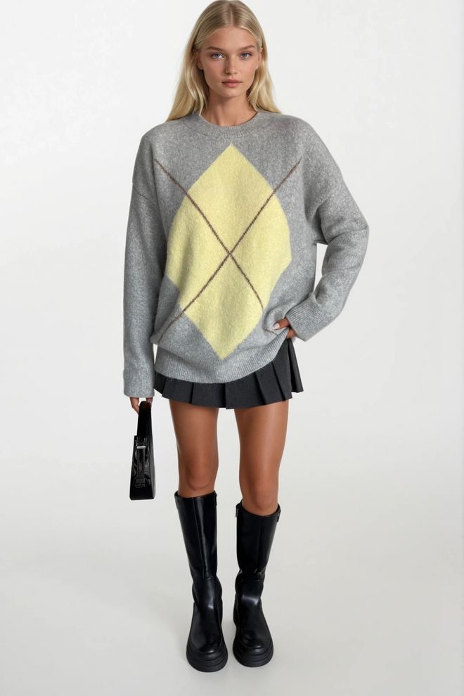 Black Fashion Dvobarvni Pulover Z Vzorcem Baklava Siva Oblačila na debelo 0