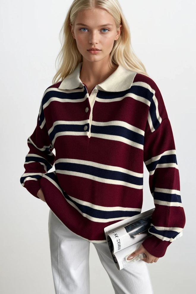 Black Fashion Bordo Çizgili Polo Yaka Kazak Toptan Giyim Gündelik