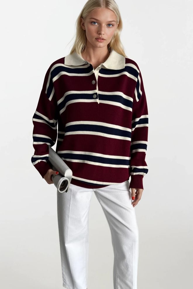 Black Fashion Bordo Crveni Prugasti Džemper S Polo Izrezom Veleprodaja odjeće 1