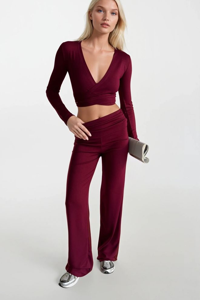 Black Fashion Bordové Palazzo Nohavice S Vysokým Pásom A Širokými Nohavicami Veľkoobchod s oblečením Neformálny