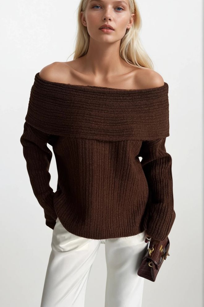 Black Fashion Kahverengi Çizgili Omzu Açık Kazak Toptan Giyim Gündelik