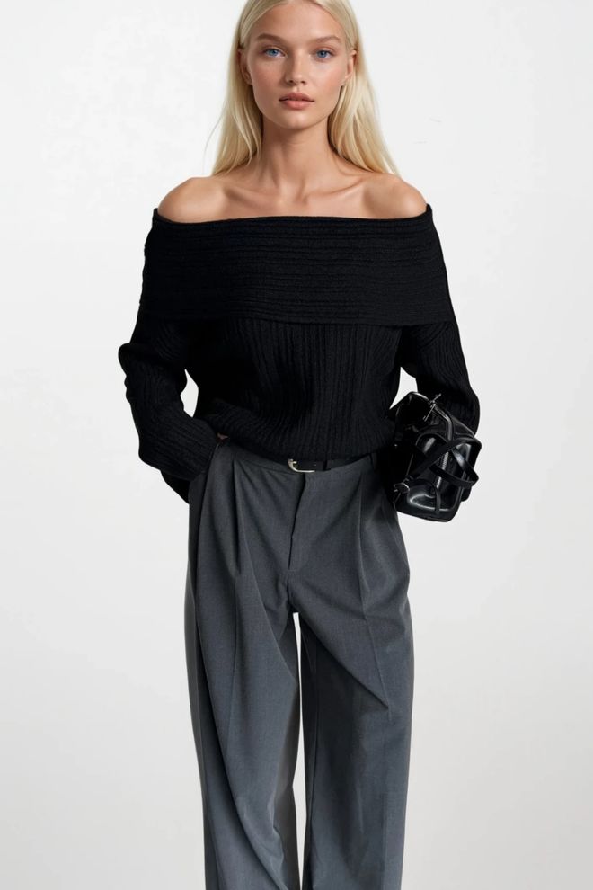 Black Fashion Black Sweater With Off Shoulder Neckline Wholesale Clothing Casual