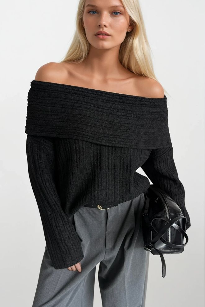 Black Fashion Black Sweater With Off Shoulder Neckline Wholesale Clothing 1
