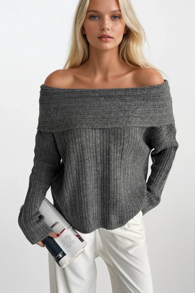 Black Fashion Grey Sweater With Off Shoulder Neck And Long Sleeves Wholesale Clothing Streetwear