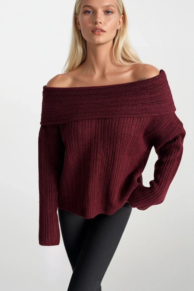 Black Fashion Claret Red Sweater With Off Shoulder Neck Wholesale Clothing Streetwear