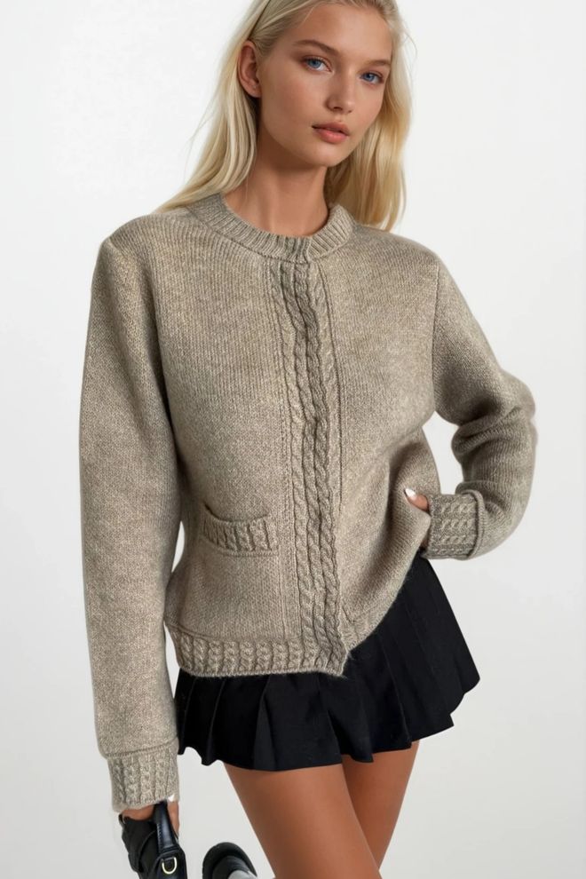 Black Fashion Beige Cardigan With Flap Pockets Casual Preppy Style Wholesale Clothing Casual