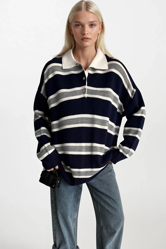 Black Fashion Navy Blue Casual Striped Oversized Sweater Wholesale Clothing Viscose