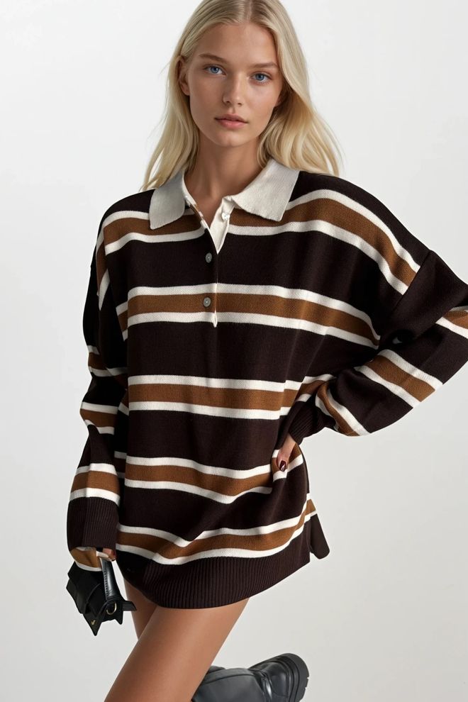 Black Fashion Maglione Nero A Righe Oversize Con Collo A Polo Abbigliamento all'ingrosso Abbigliamento di strada