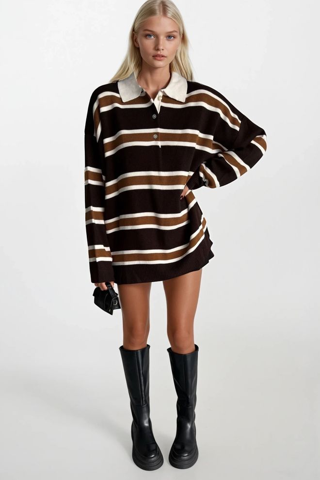 Black Fashion Черный Полосатый Свитер Oversize С Воротником поло Оптовая продажа одежды Акрил