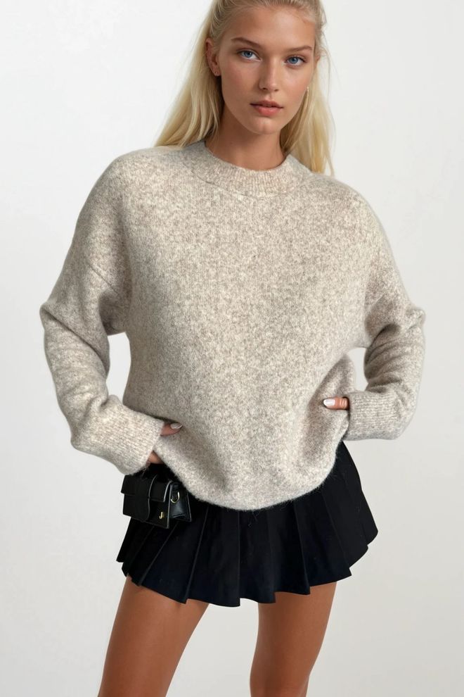Black Fashion Beige Oversized Fit Crew Neck Sweater Wholesale Clothing Viscose