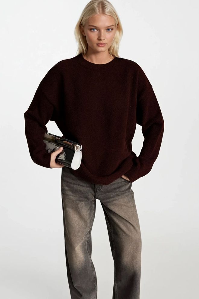 Black Fashion Brown Oversized Casual Sweater With Round Neck Wholesale Clothing Viscose